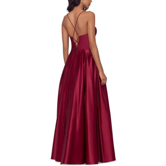 Blondie Nites Womens Red Satin Lace-Up Formal Evening Dress Gown Juniors NWT - Picture 2 of 2
